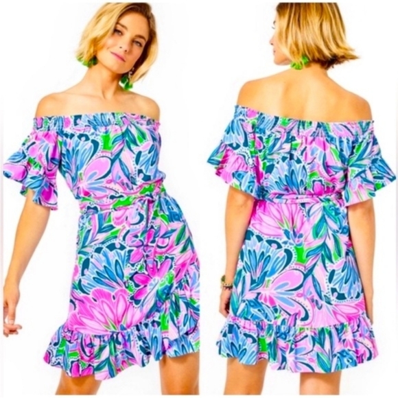 Lilly Pulitzer Dresses & Skirts - Lilly Pulitzer Laurana Maddlyn Off-The-Shoulder Stretch Dress Sz S Flounce Pink